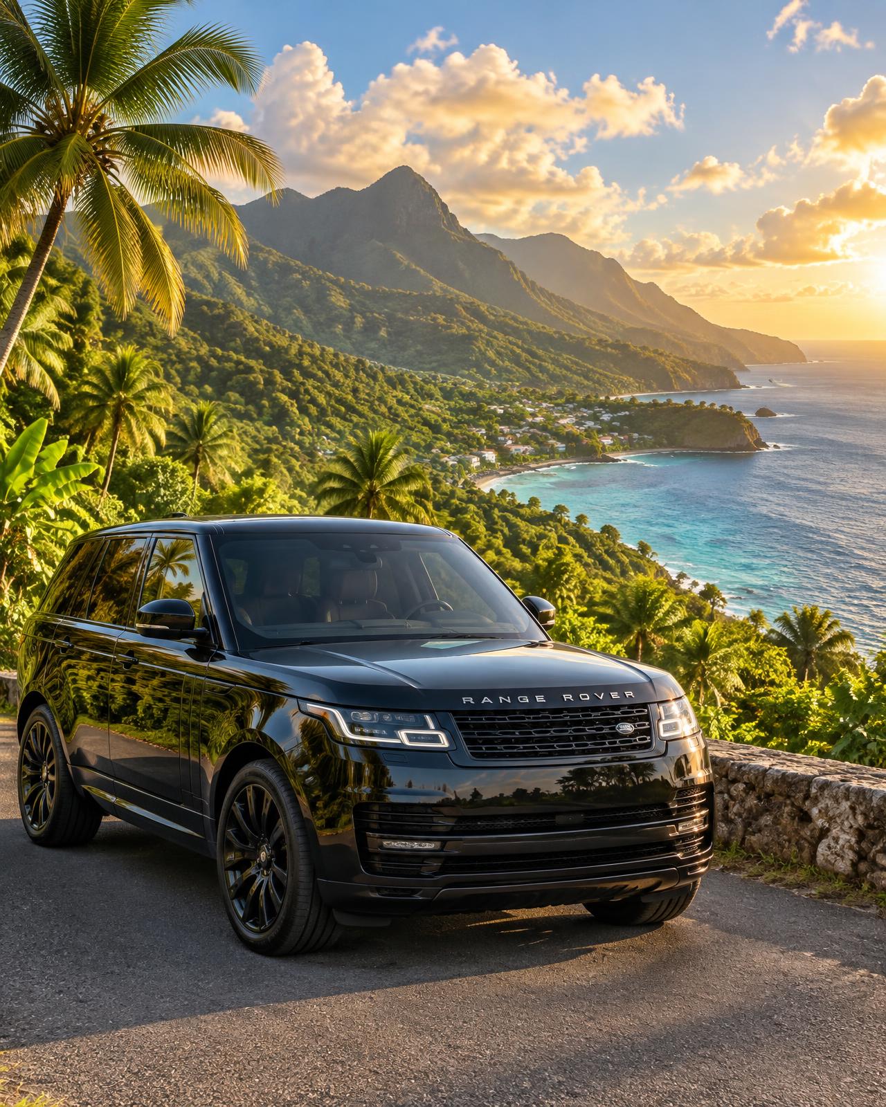 Black luxury SUV on a coastal road above Dominica's turquoise bay at golden hour